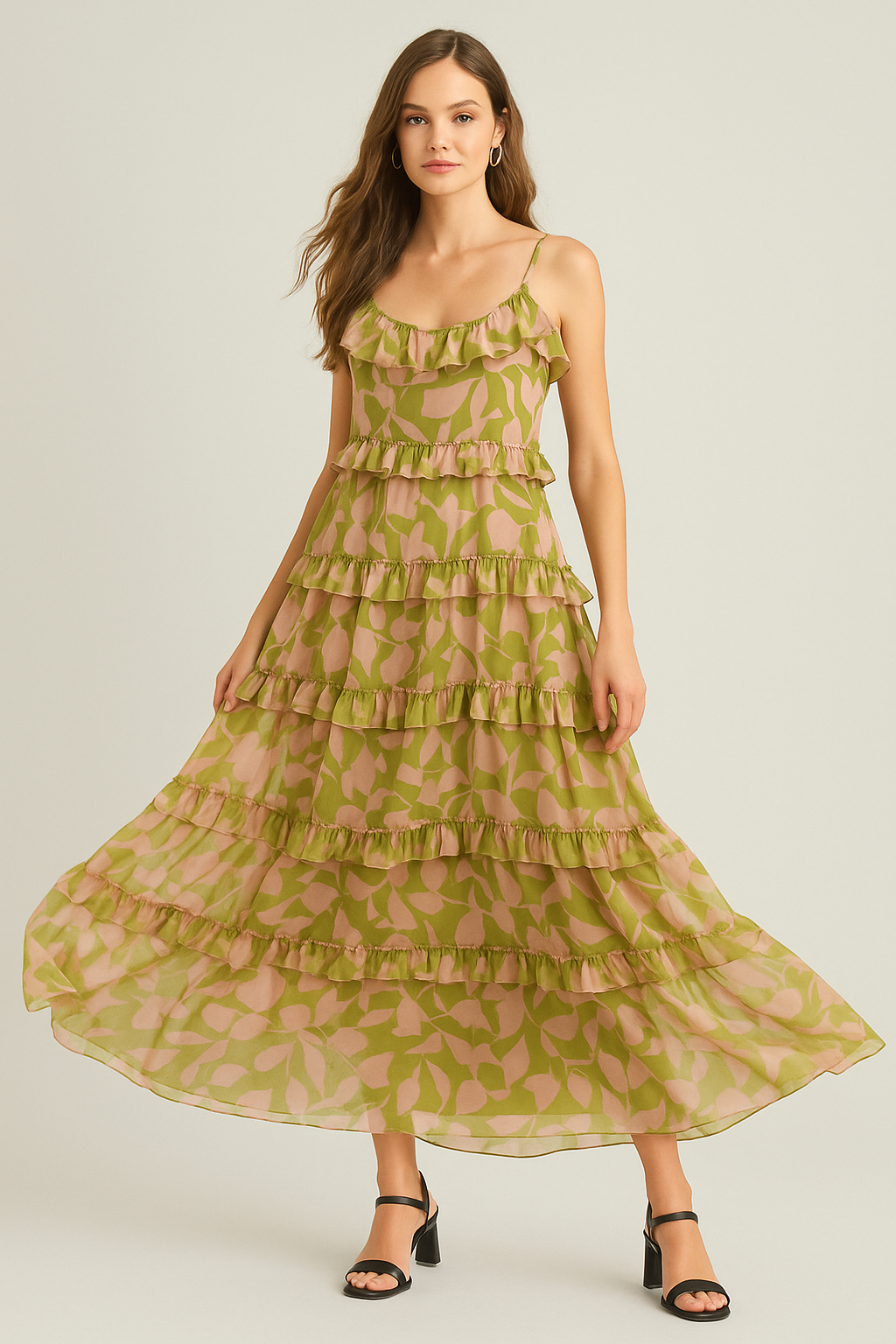 Sage & Pink Ruffled Tiered Cami Maxi Dress