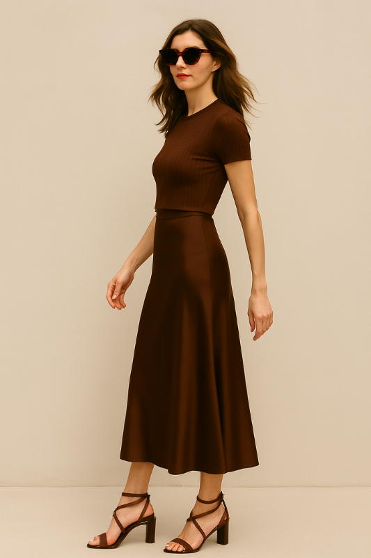 Chocolate Brown Satin High Waist Skirt