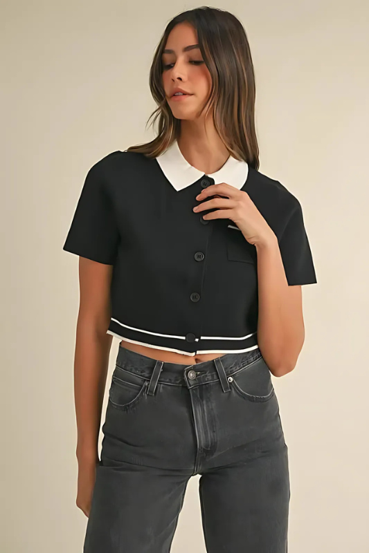 Black Button Down Contrast Collared Knit Cardigan