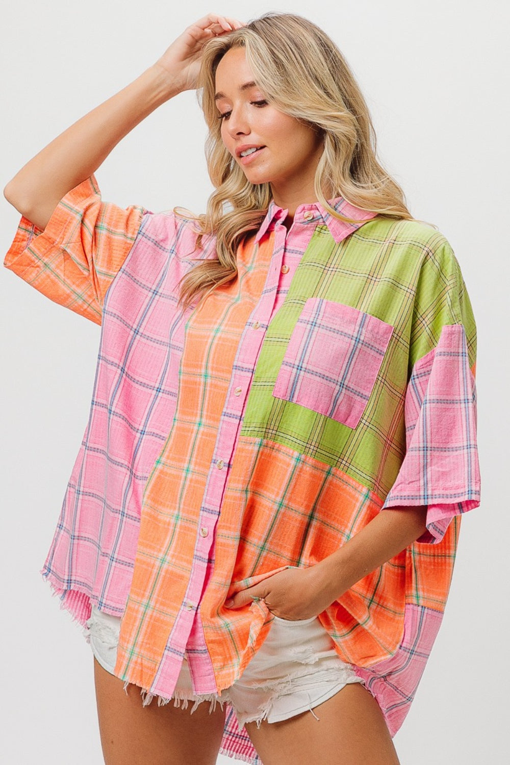 Plaid Collared Neck Half Sleeve Shirt