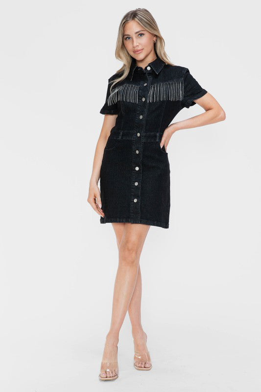 Carter Embellished Button Down Short Sleeve Denim Dress