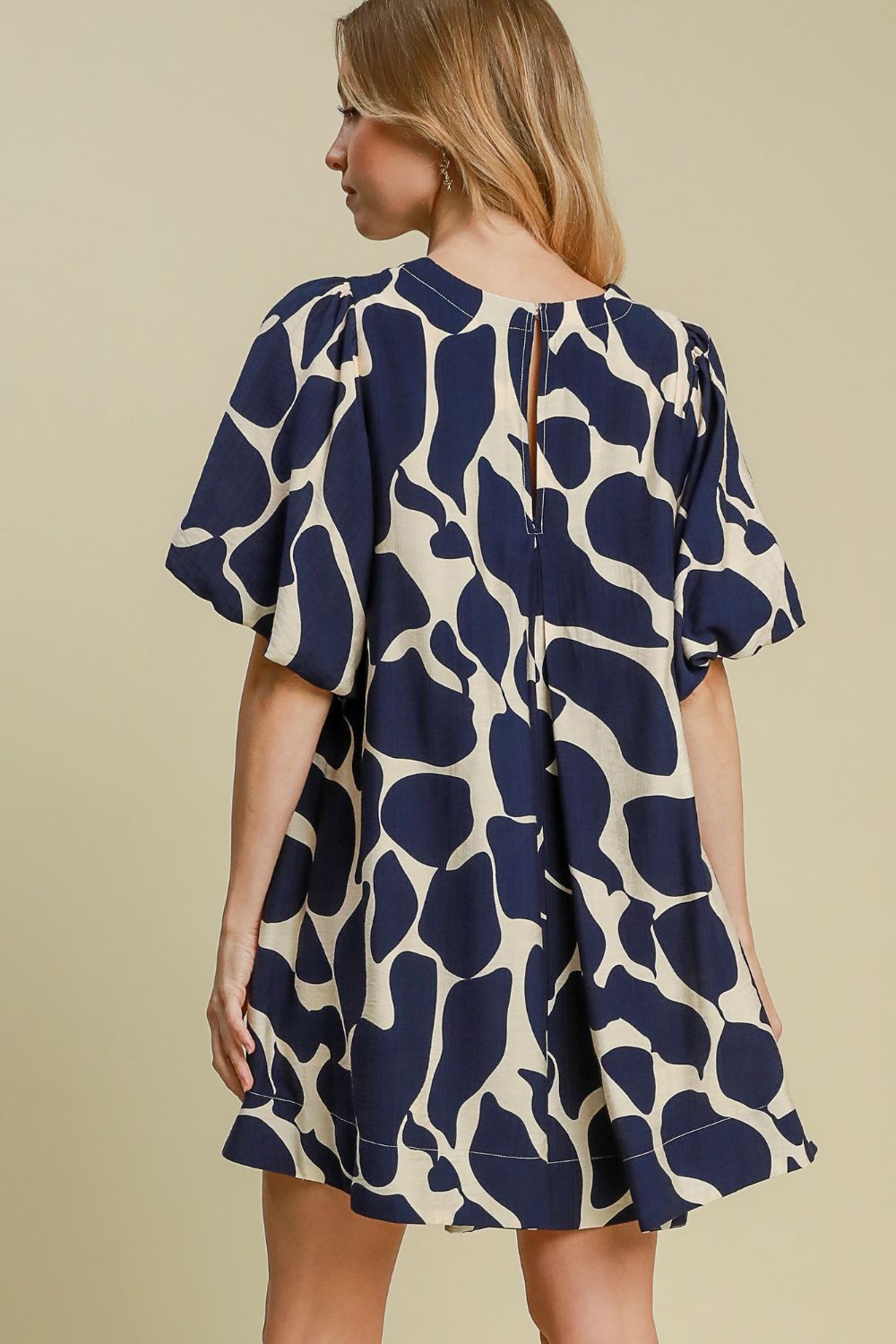 Two Tone Abstract Print Puff Sleeve Dress