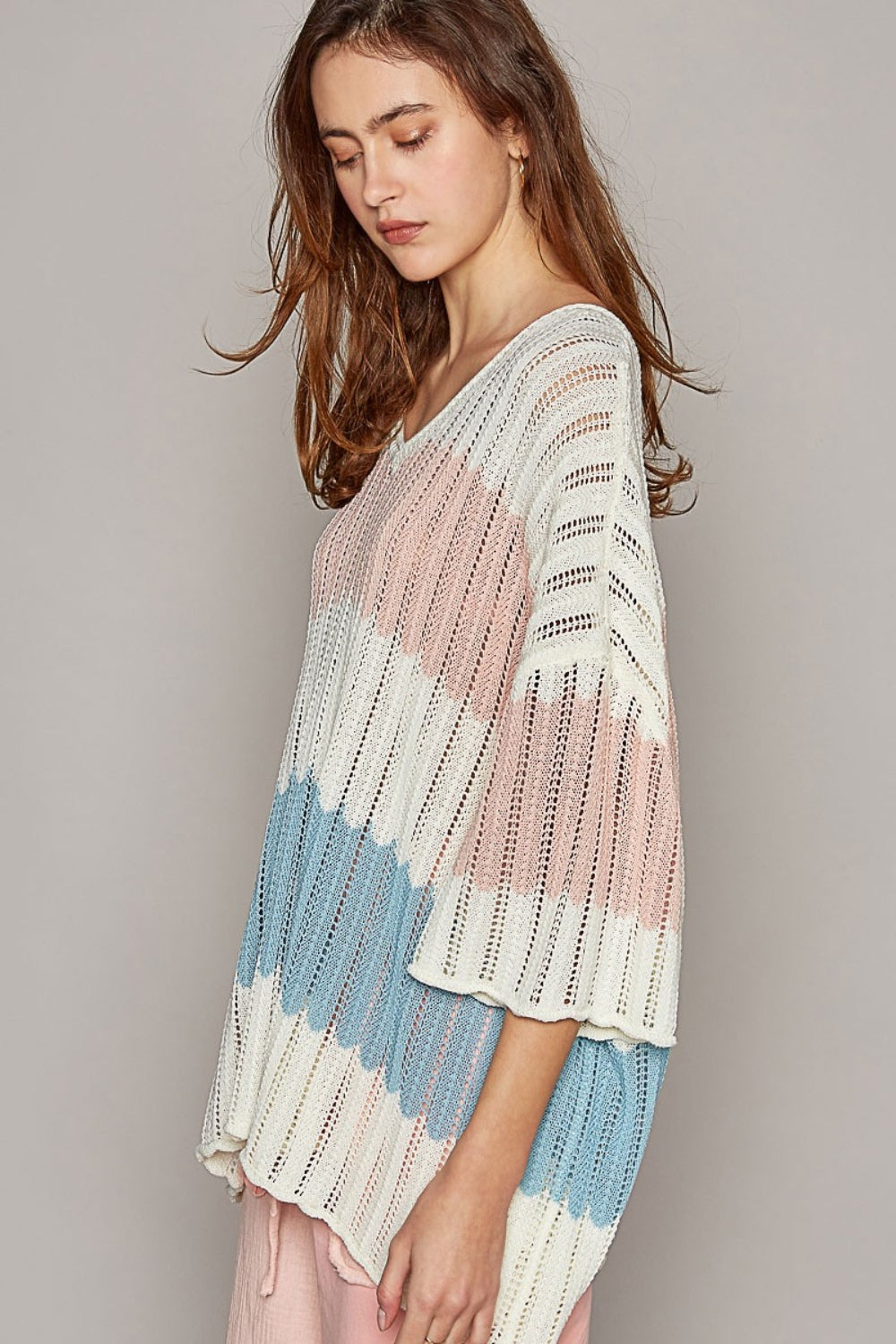 V-Neck Short Sleeve Stripe Weave Sweater