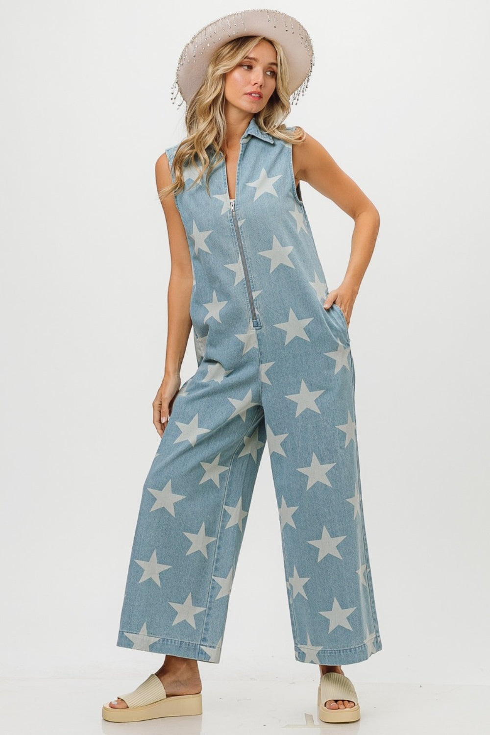 Star Print Half Zip Sleeveless Denim Jumpsuit