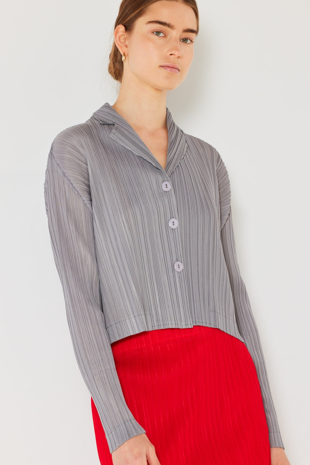 Marina West  Pleated Cropped Button Up Shirt