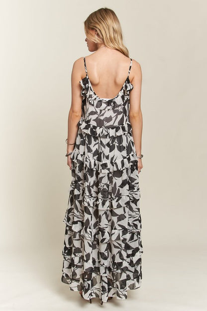 Black & White Ruffled Tiered Cami Maxi Dress