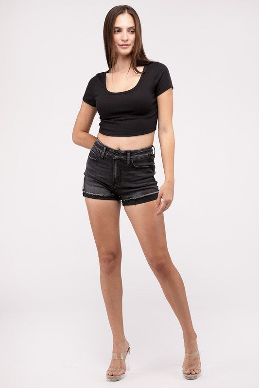 Washed Black Cuffed Raw Hem Denim Shorts