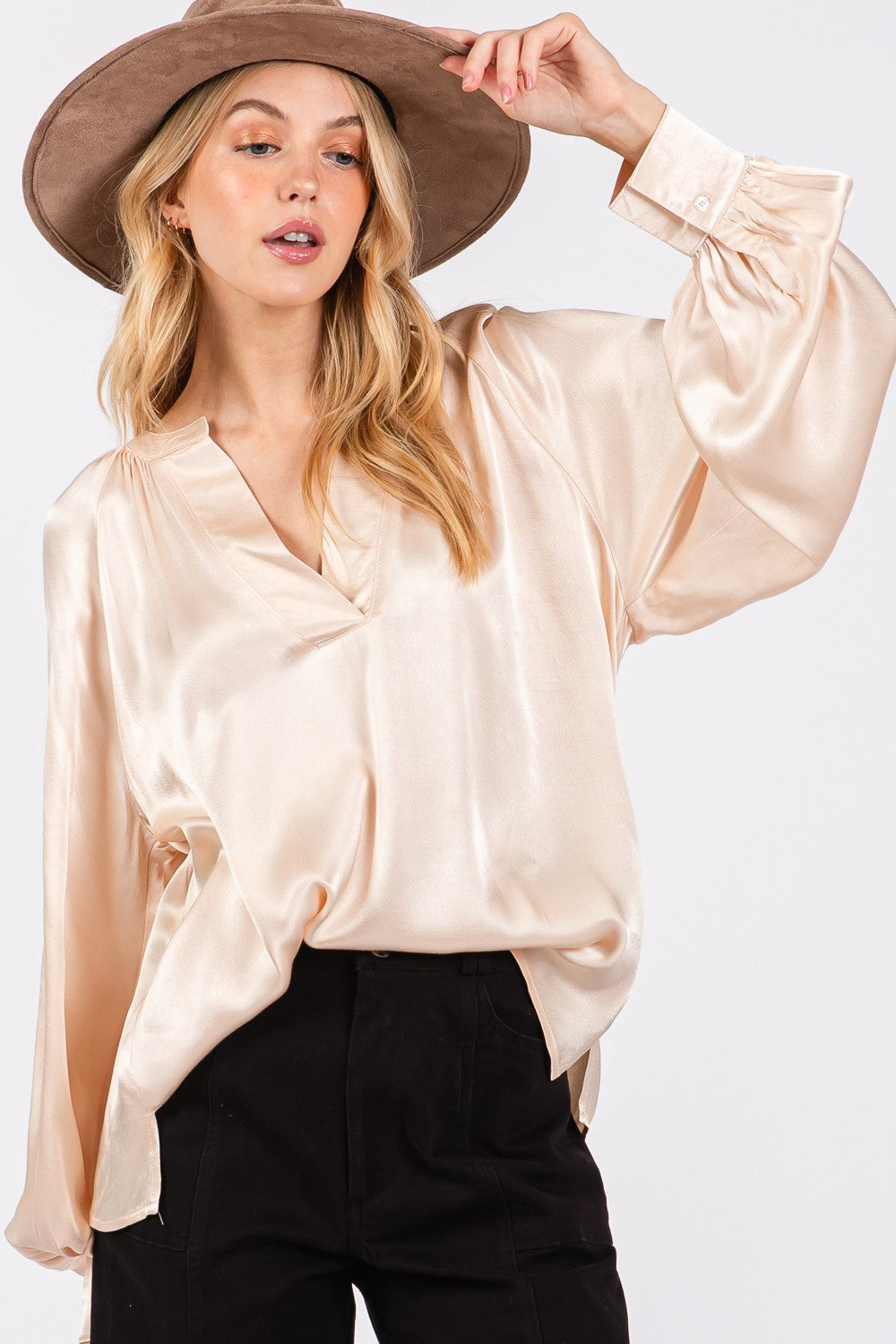 Champagne Notched Long Sleeve Blouse