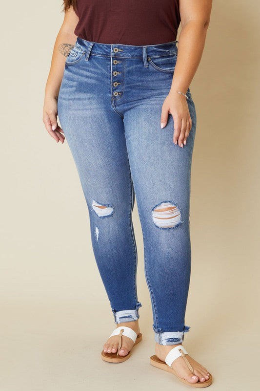 High Rise Button Fly Ankle Skinny