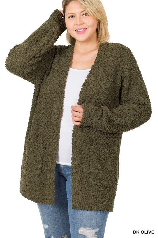 Puff Sleeve Popcorn Cardigan With Pockets