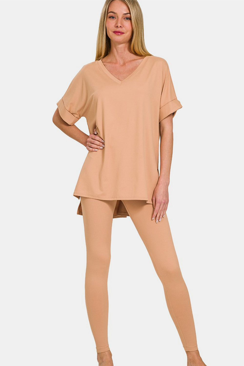 Brush V-Neck Rolled Short Sleeve T-Shirt and Leggings Lounge Set