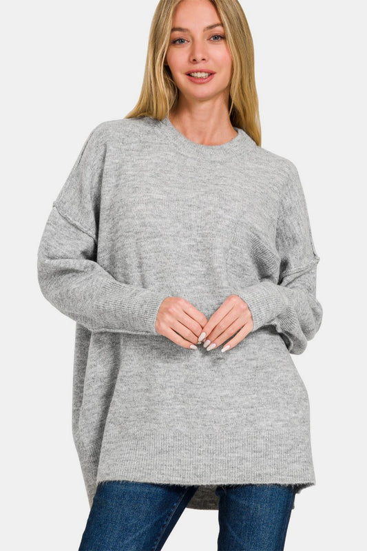 Grey High-Low Hem Drop Shoulder Sweater