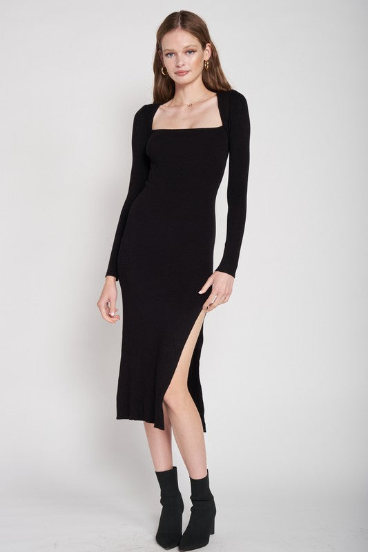 Square Neck Midi Dress with Slit