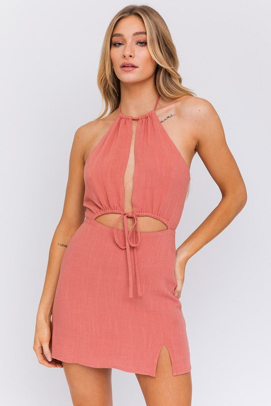 Halter Neck Open Front Detail Dress