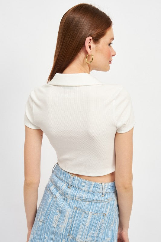 Button-Up Collared Top with Shirring Detail