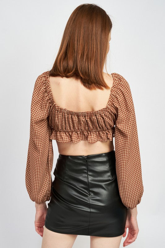 Gingham Square Neck Crop Top with Ruffle Detail