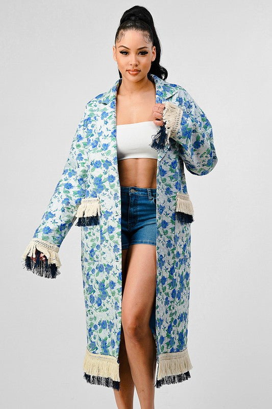 The Athina Floral Print Tassel Trench Coat