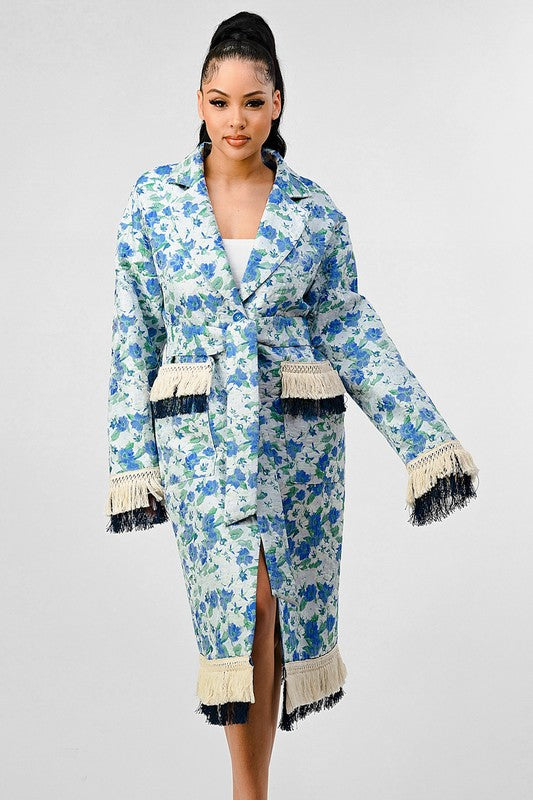 The Athina Floral Print Tassel Trench Coat