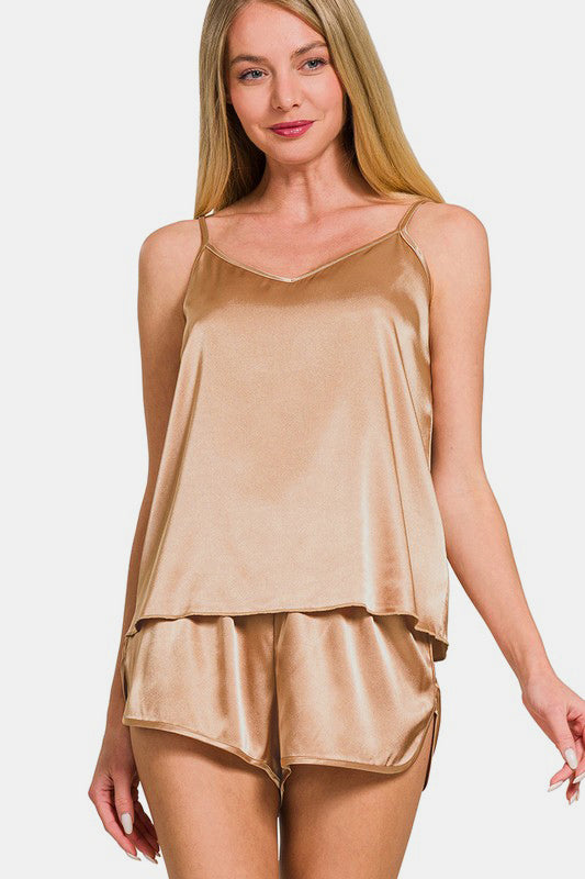 Simple Things V-Neck Satin Cami and Elastic Waist Shorts Lounge Set