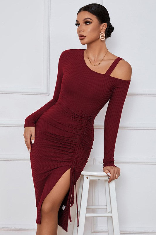 Burgundy One-Shoulder Cutout Dress