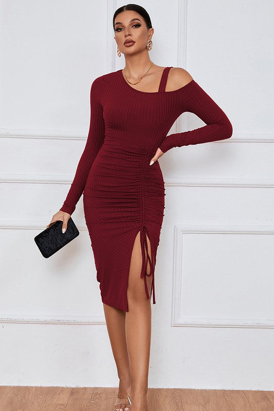 Burgundy One-Shoulder Cutout Dress