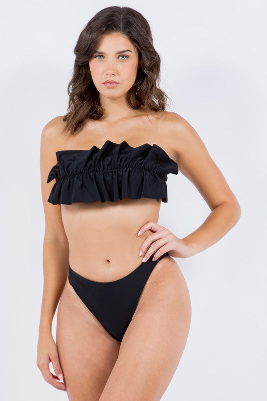 Two-Piece Tube Top with Ruched Ruffle Bikini