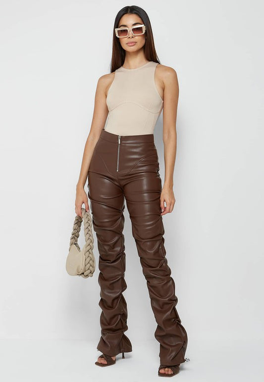 Zipper Chic Brown Leather Pants