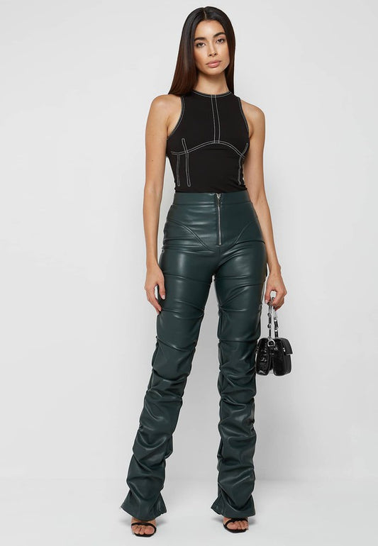 Zipper Chic Olive Leather Pants