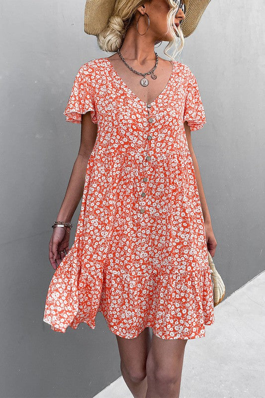 Floral Short Sleeve V Neck Midi Length Dress