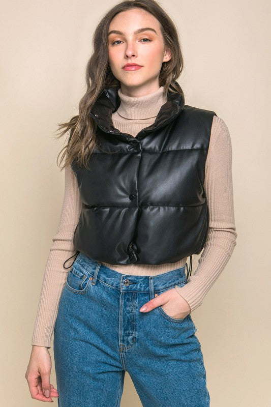 Vegan Leather Puffer Vest With Snap Button