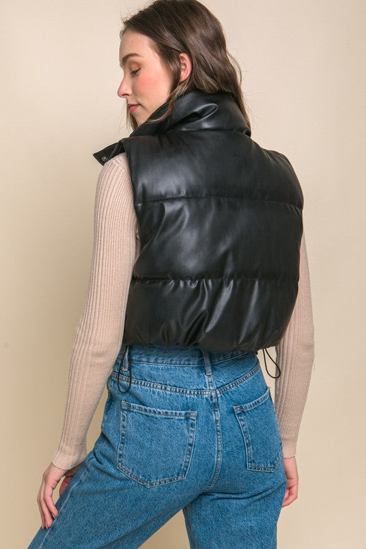 Vegan Leather Puffer Vest With Snap Button