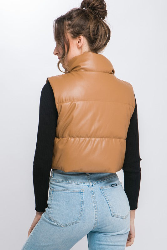 Vegan Leather Puffer Vest With Snap Button