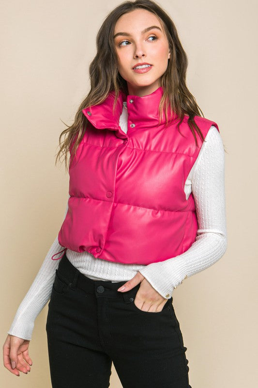 Vegan Leather Puffer Vest With Snap Button