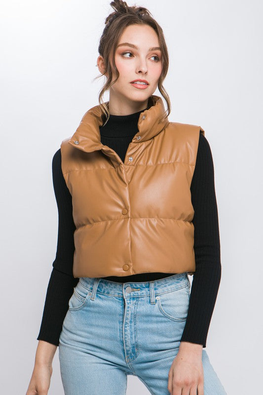 Vegan Leather Puffer Vest With Snap Button