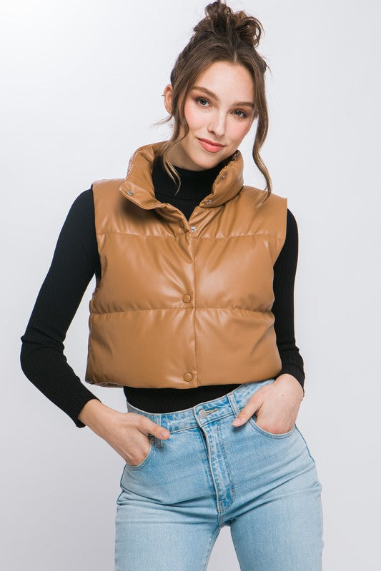 Vegan Leather Puffer Vest With Snap Button