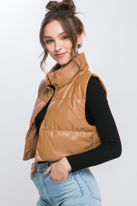 Vegan Leather Puffer Vest With Snap Button