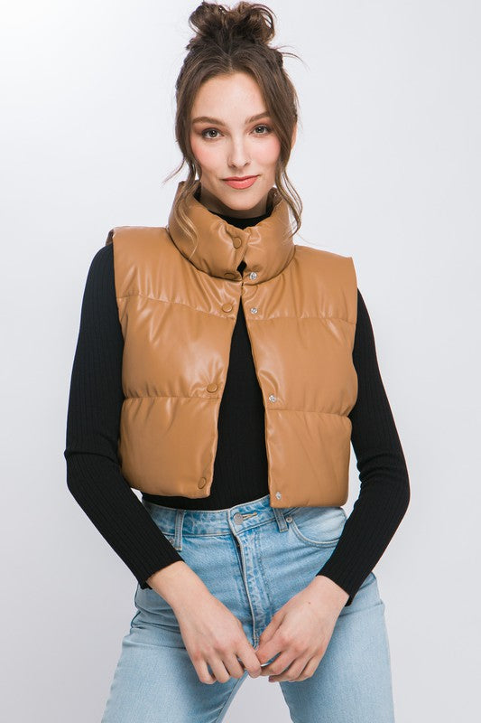 Vegan Leather Puffer Vest With Snap Button