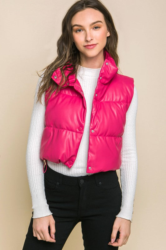 Vegan Leather Puffer Vest With Snap Button