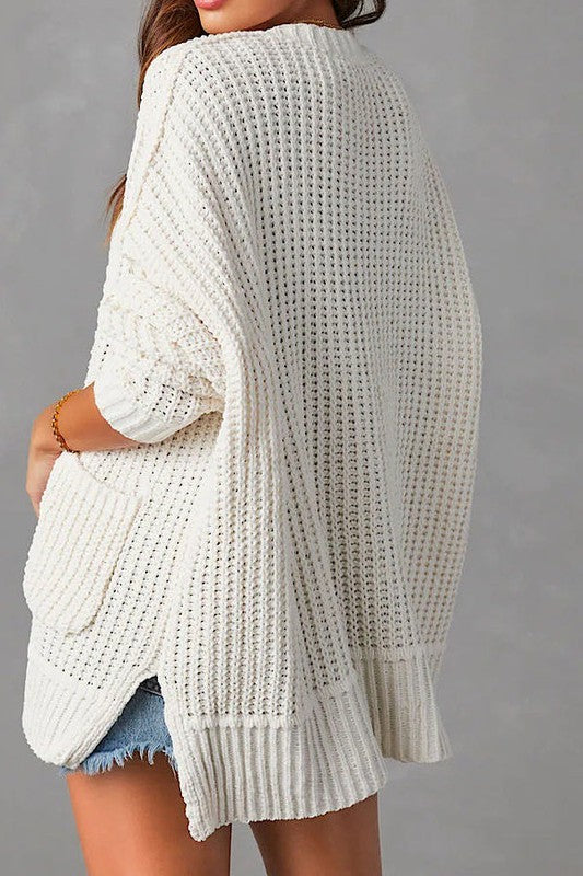 Ribbed Knit Open Front Cardigan with Pockets