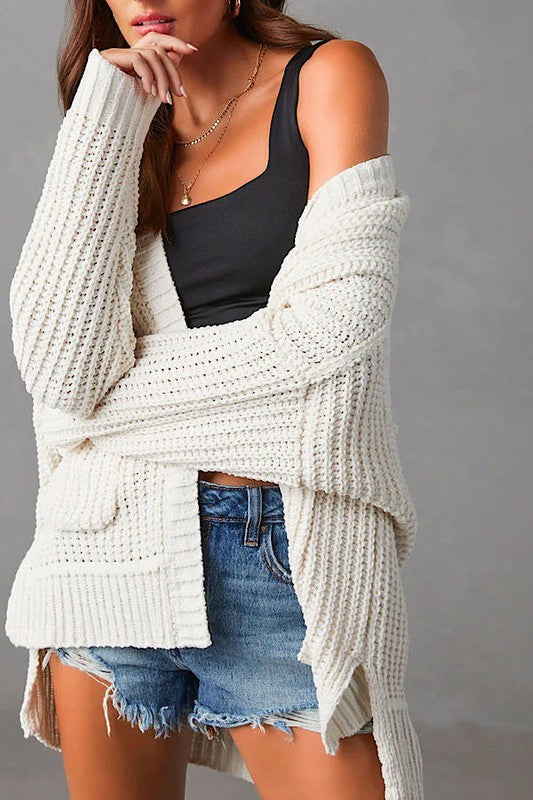 Ribbed Knit Open Front Cardigan with Pockets