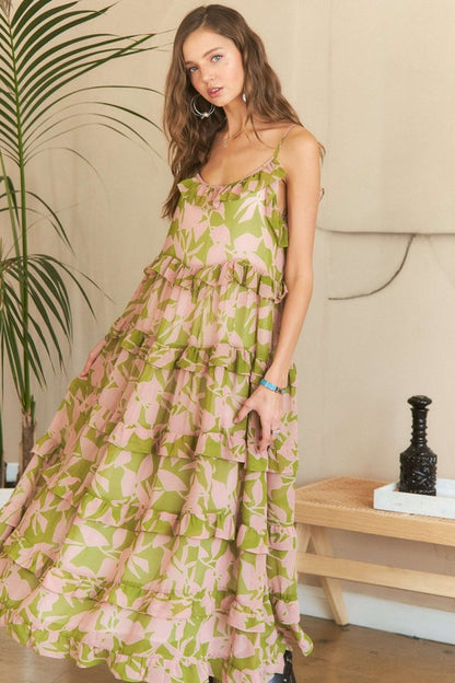 Sage & Pink Ruffled Tiered Cami Maxi Dress