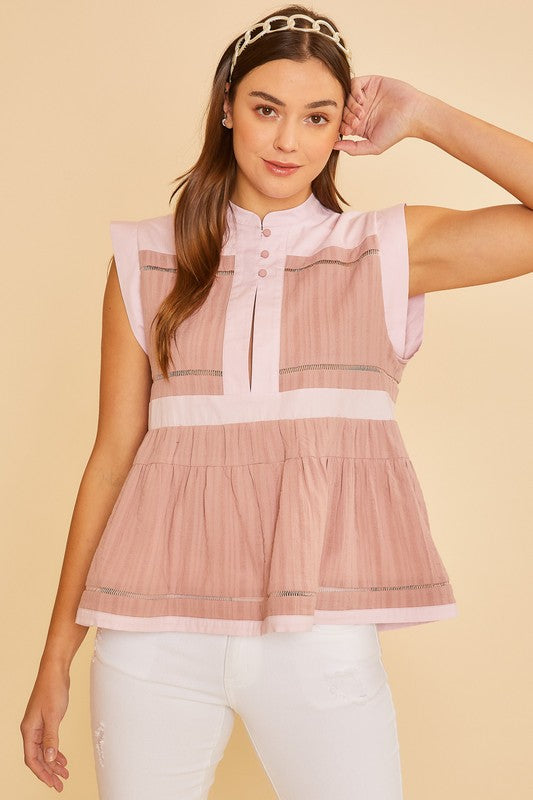 Annie Wear Contrast Trim Peplum Button Detail Blouse