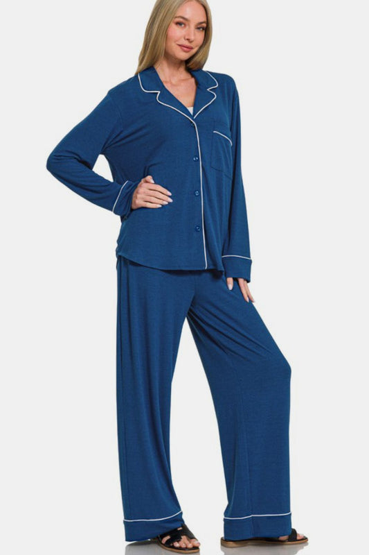 Comfy & Cozy Button Down Long Sleeve Top and Pants Lounge Set