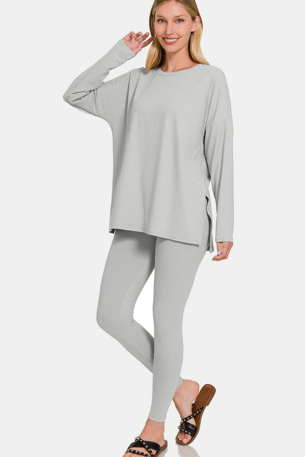 Light Grey Brushed Microfiber Top and Leggings Lounge Set