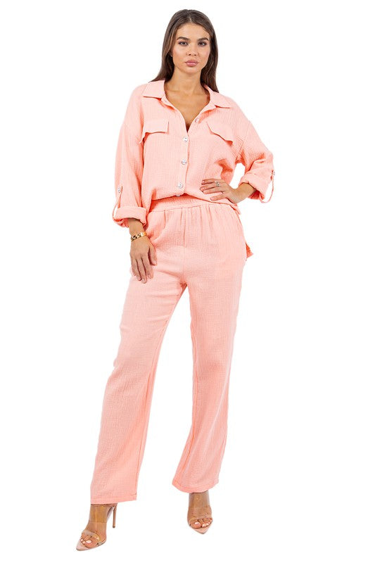 Peach Allure Two Piece Casual Pant Set