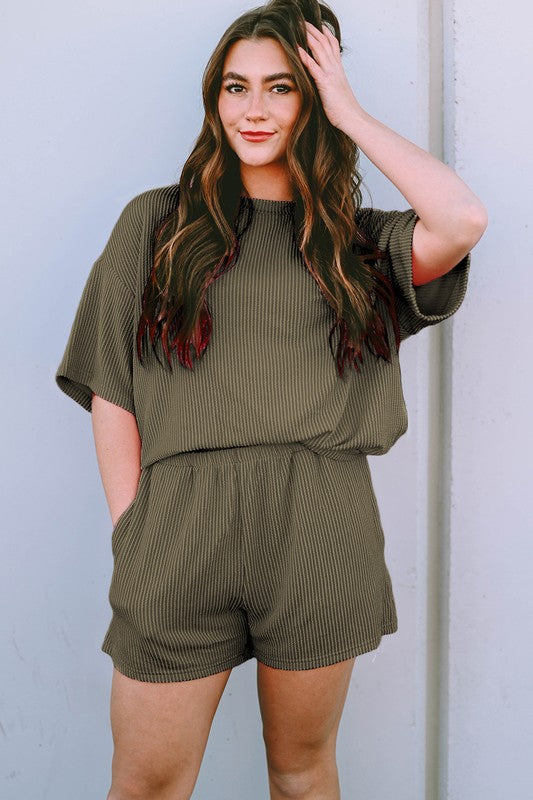 Ribbed Textured Knit Loose Tee and Shorts Set