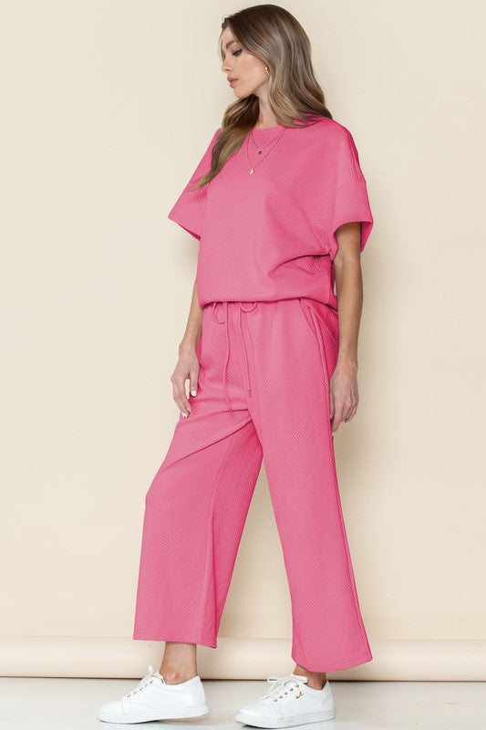 Strawberry Pink Textured Loose Fit T Shirt and Drawstring Pants Set