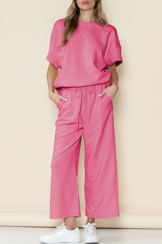 Strawberry Pink Textured Loose Fit T Shirt and Drawstring Pants Set