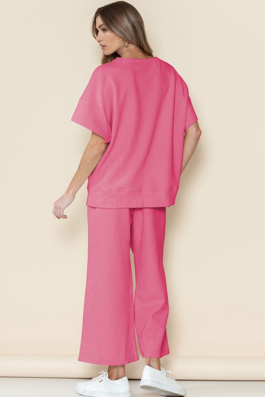 Strawberry Pink Textured Loose Fit T Shirt and Drawstring Pants Set