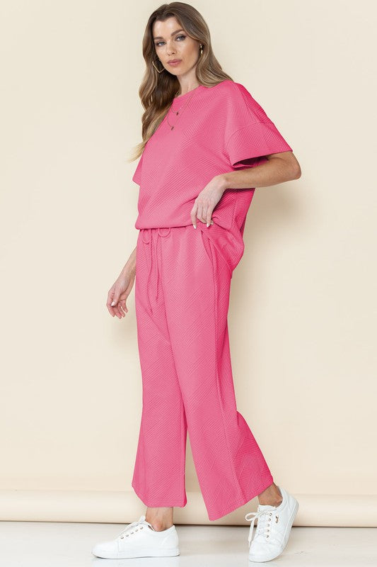 Strawberry Pink Textured Loose Fit T Shirt and Drawstring Pants Set